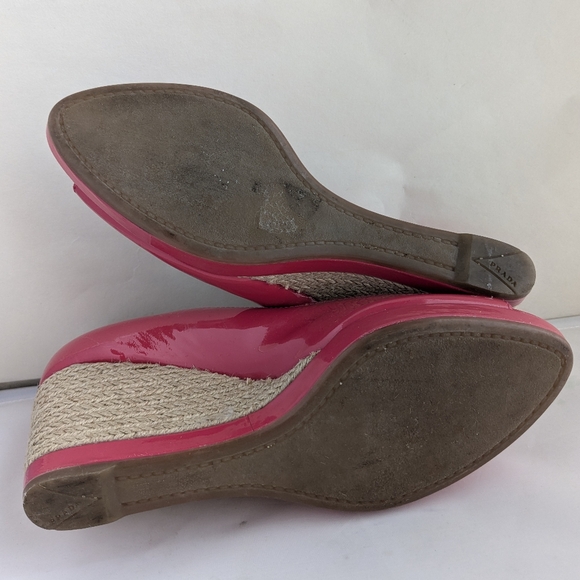 Prada Berry Pink Patent Leather Peep-Toe Wedges Espadrilles Sz 38 - Picture 11 of 15